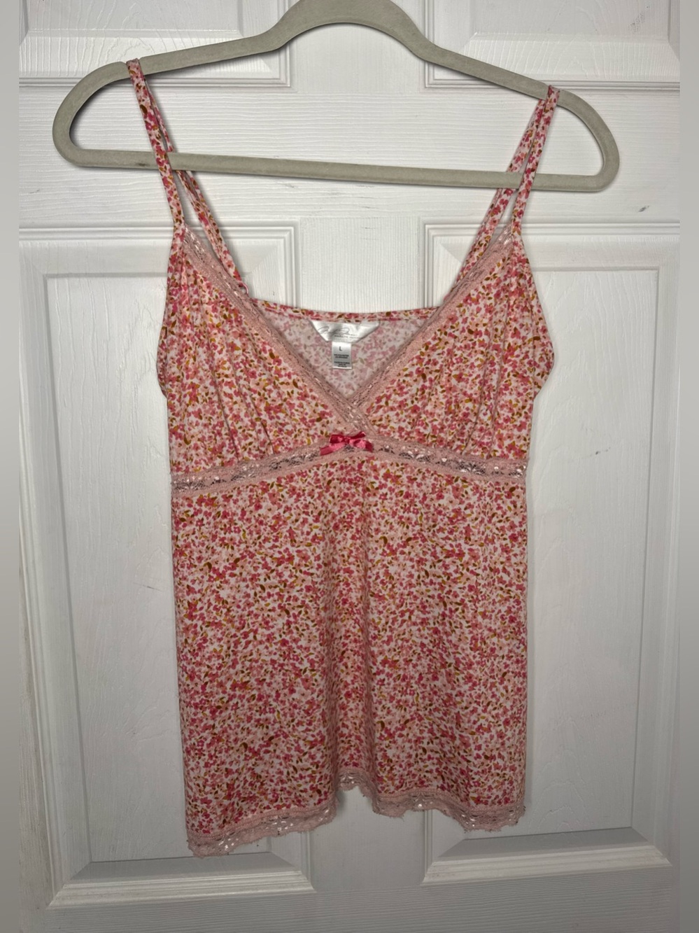 Marilyn Monroe Babydoll Y2k Pink Ditsy Floral Bow Lace Trim Camisole Top V-Neck
